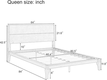 Queen Size Bamboo Platform Bed, Mid-Century Modern Bed Frame with Tall Headboard, Solid Sustainable Bedframe Queen-Size, Wood Slat Support, No Box Spring Needed, Easy Assembly, Noise Free, Brown