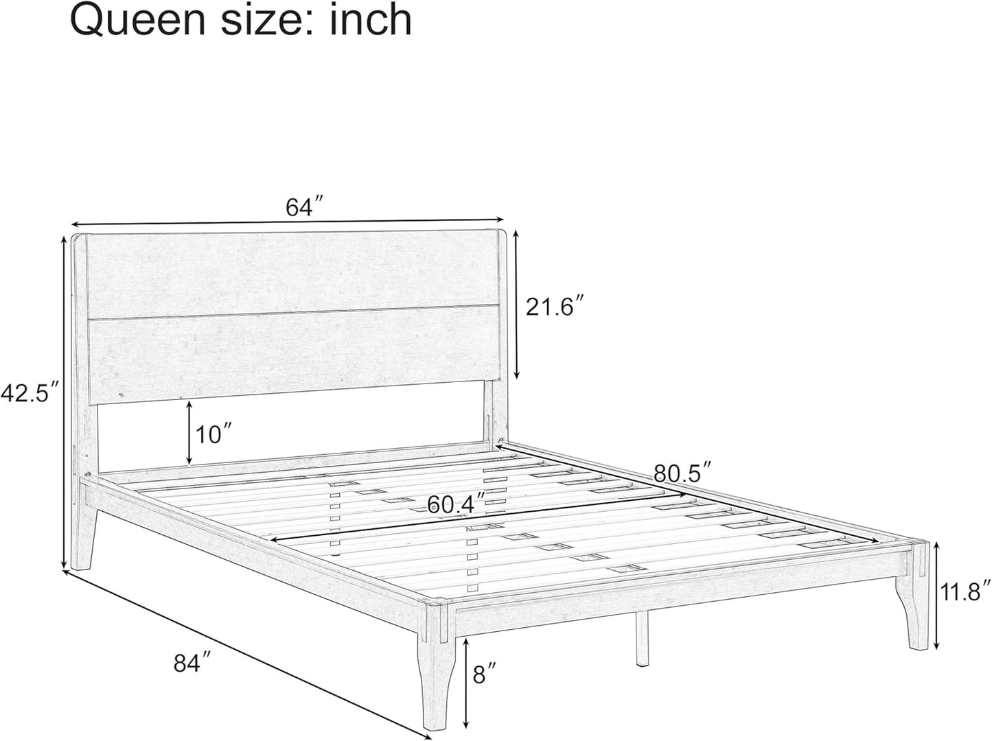 Queen Size Bamboo Platform Bed, Mid-Century Modern Bed Frame with Tall Headboard, Solid Sustainable Bedframe Queen-Size, Wood Slat Support, No Box Spring Needed, Easy Assembly, Noise Free, Brown