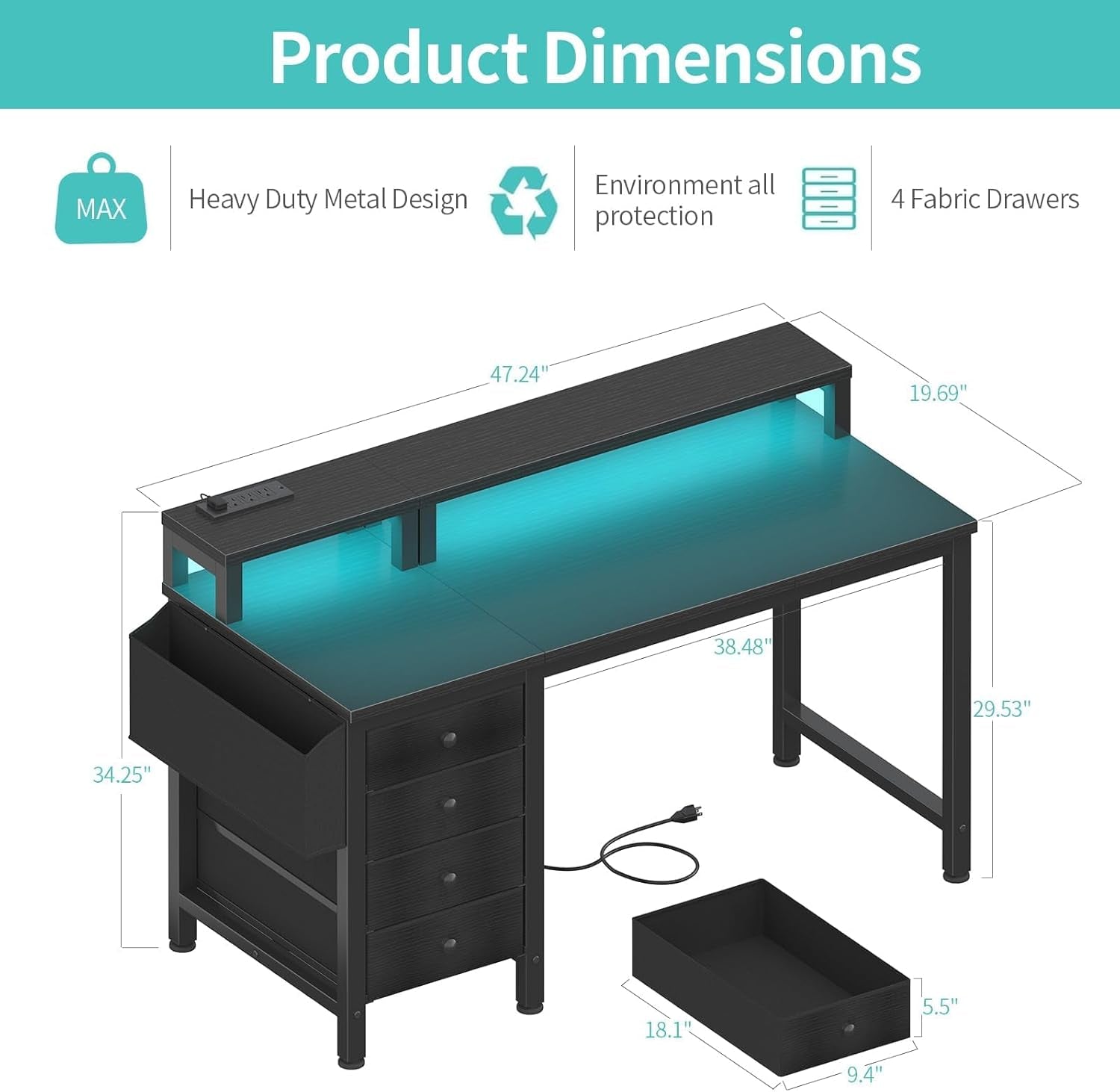 Gaming Desk with LED Lights and Power Outlets, 47 Inch Computer Desk with Fabric Drawers, Reversible Home Office Desk with Monitor Stand, Black