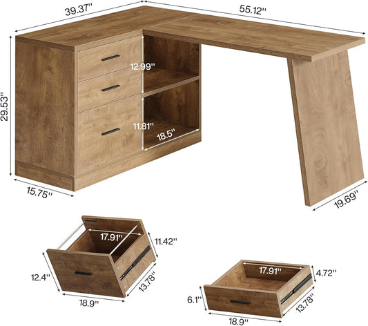 55-Inch L Shaped Computer Desk with 3 Drawers, Corner Home Office Desk with Storage Shelves, Farmhouse Wood Executive Desk for Work Writing Sturdy, Gaming, Brown