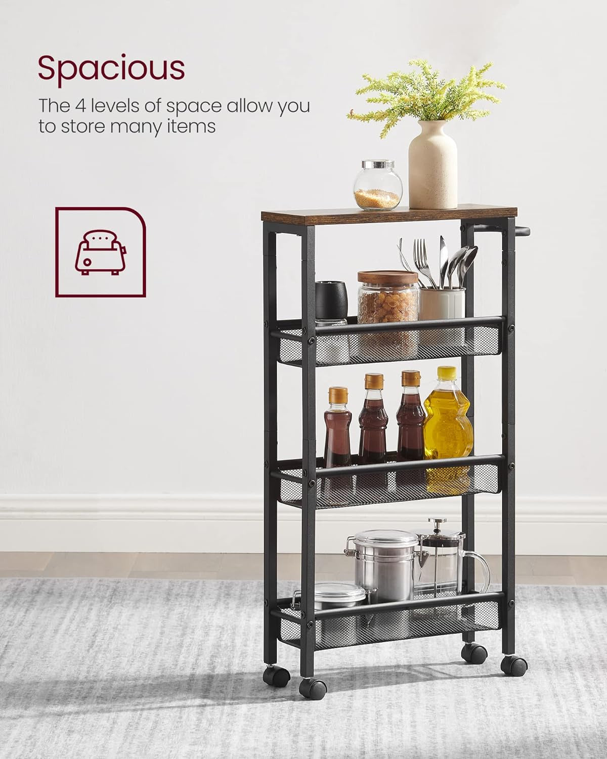 Slim Rolling Cart, 5-Tier Storage Cart, Narrow Carts with Handle, 5.1 Inches Deep, Metal Frame, for Kitchen, Dining Room, Living Room, Home Office, Rustic Brown and Classic Black ULRC034B01