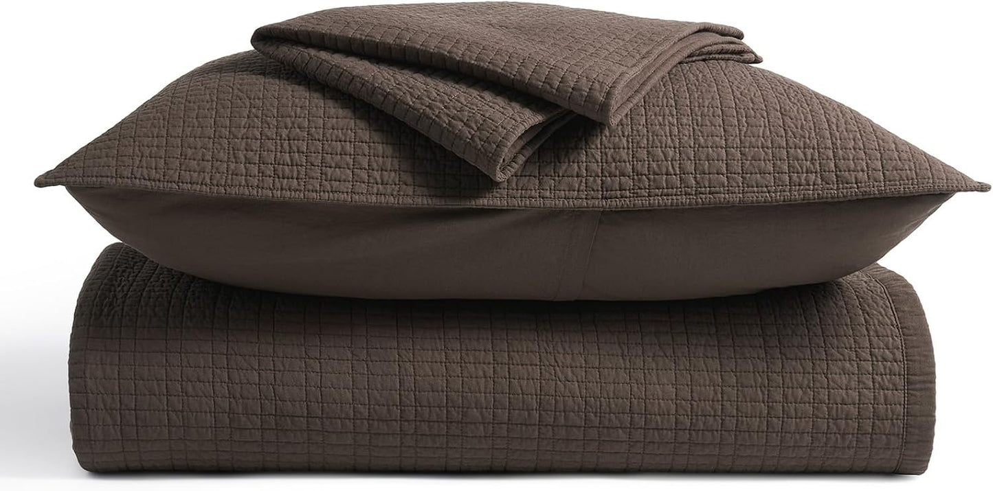 100% Cotton Quilt King Size, Pre-Washed Modern Grid Stitch Lightweight Bedspread Coverlet for All Season, Oversized 3-Piece Bedding Set with 2 Pillow Shams, Dark Brown