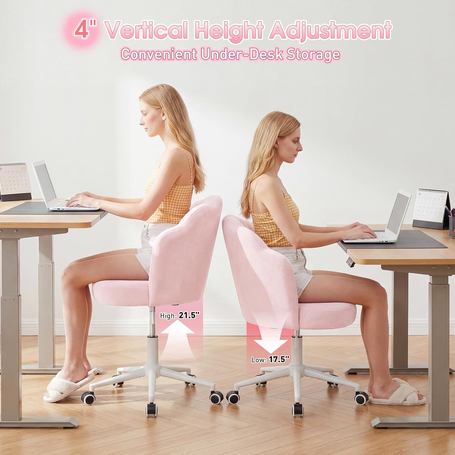 Office Vanity Chair with Wheels, Comfy Desk Chair with Back, Armless Home Office Desk Chair Hight Adjustable & 360° Swivel, Makeup Task Chair for Bedroom, Study Room, Blush Pink