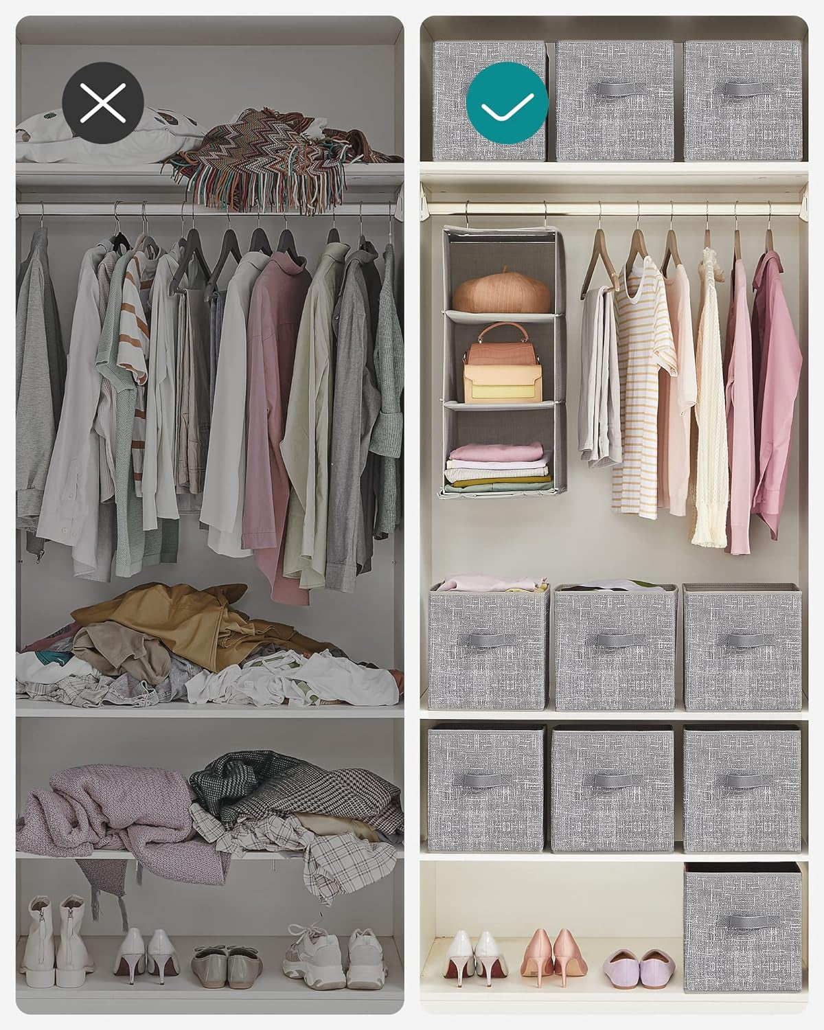 Storage Cubes, 11-Inch Non-Woven Fabric Bins with Double Handles, Set of 6, Closet Organizers for Shelves, Foldable, for Clothes, Cattail Gray UROB26LG