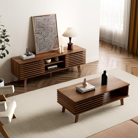 Living Room Table Sets of 2, Mid Century Coffee Table and TV Stand, Wood Coffee Table with Storage, Modern TV Stand for Bedroom, Living Room, Walnut
