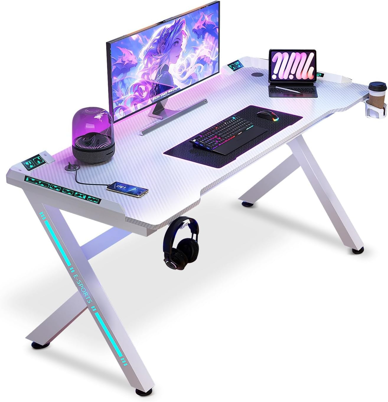 Gaming Desk, 55'' Computer Desk, Gaming Desk W/Led Lights & Carbon Fiber Desktop, Home Office Desks W/Ergonomic Design, Computer Desks W/Cup Holder, Headphone Holder, Cable Organizer