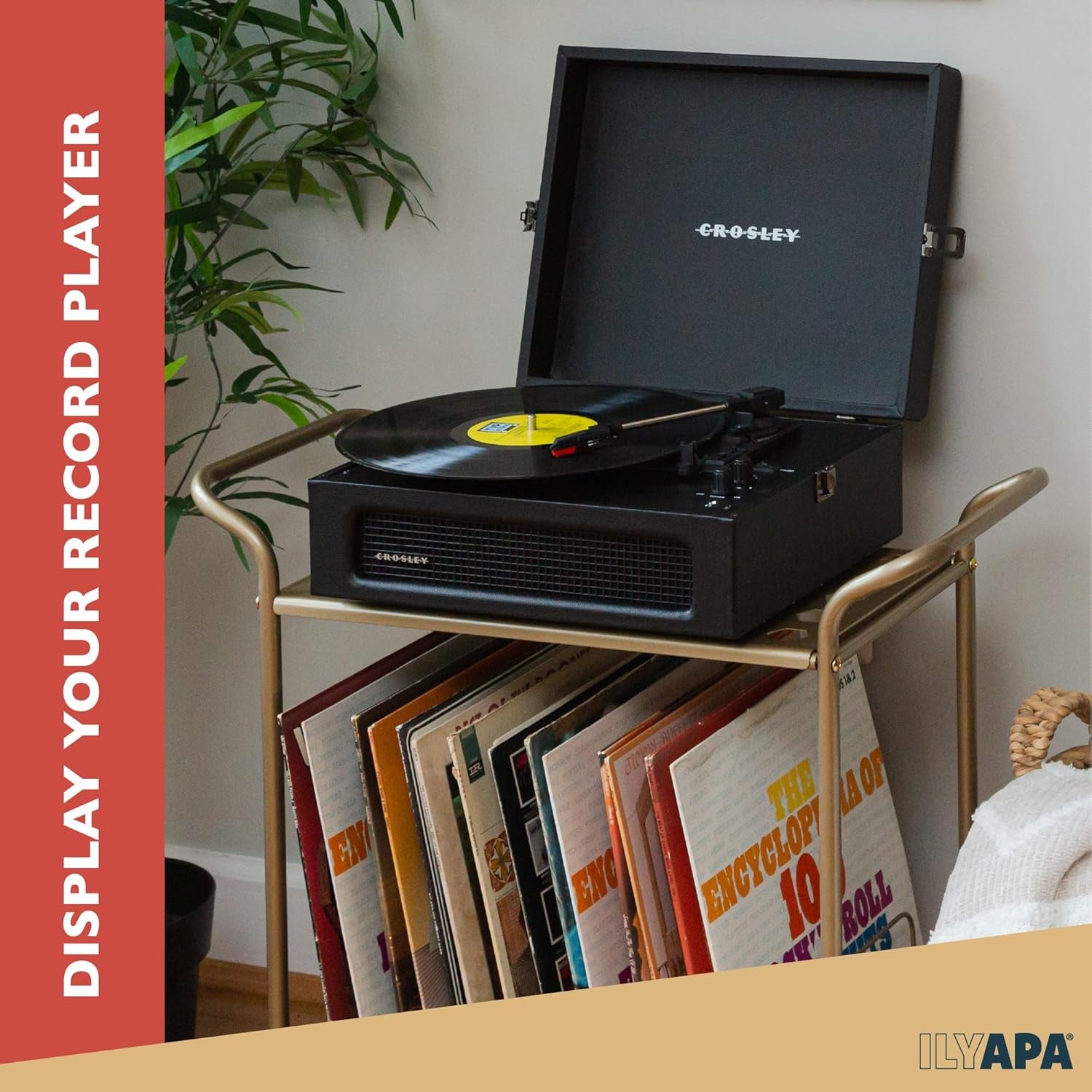 2-Tier Record Player Stand - Gold Metal Vinyl Records Stand with Shelves - Vinyl Player Table with 14 Slots