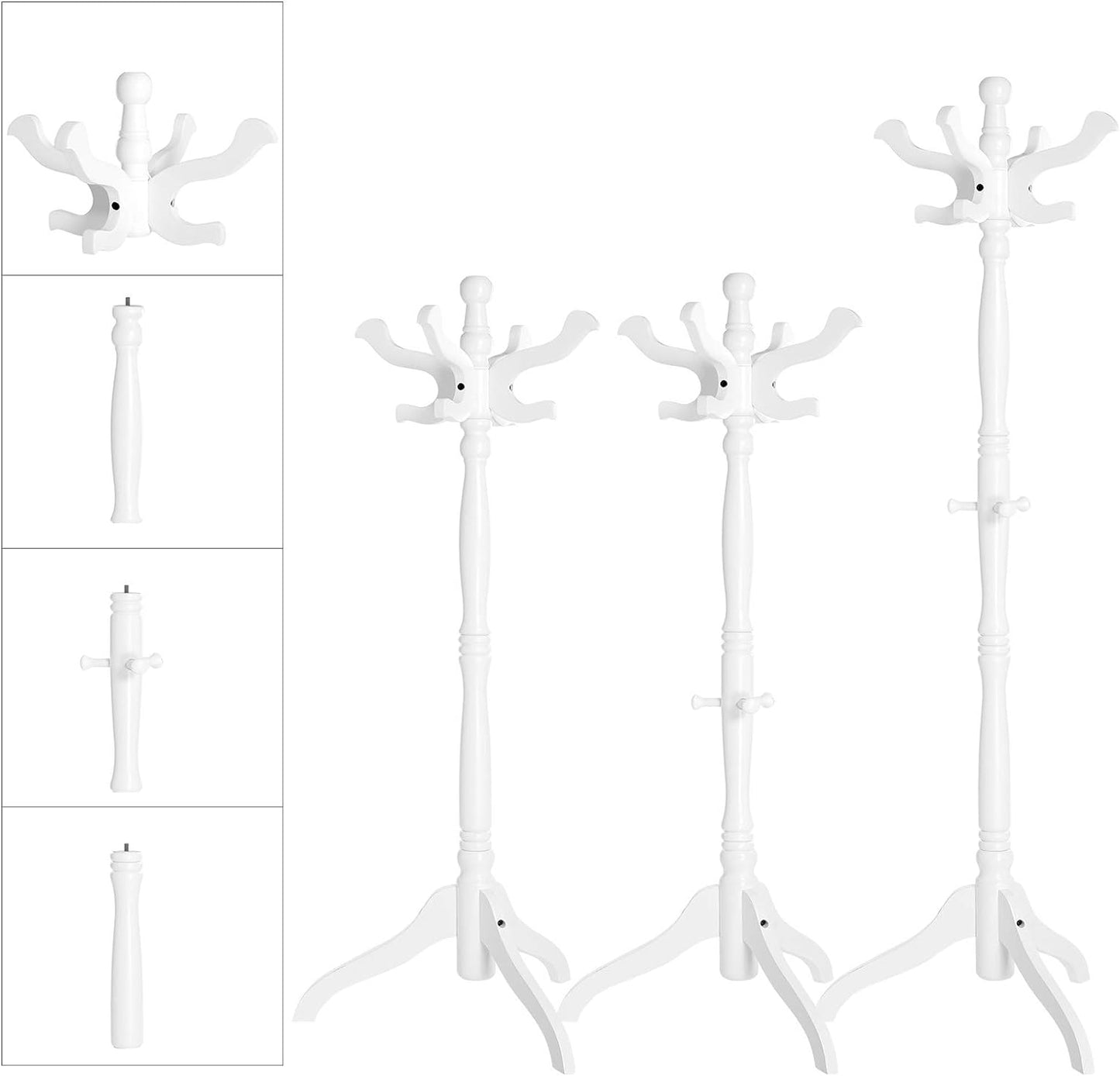 Coat Stand, Solid Wood Freestanding Coat Rack with 11 Hooks, Hall Tree for Bags, Purses, Hats, for Entryway, Hallway, Rubberwood, White URCR005W02