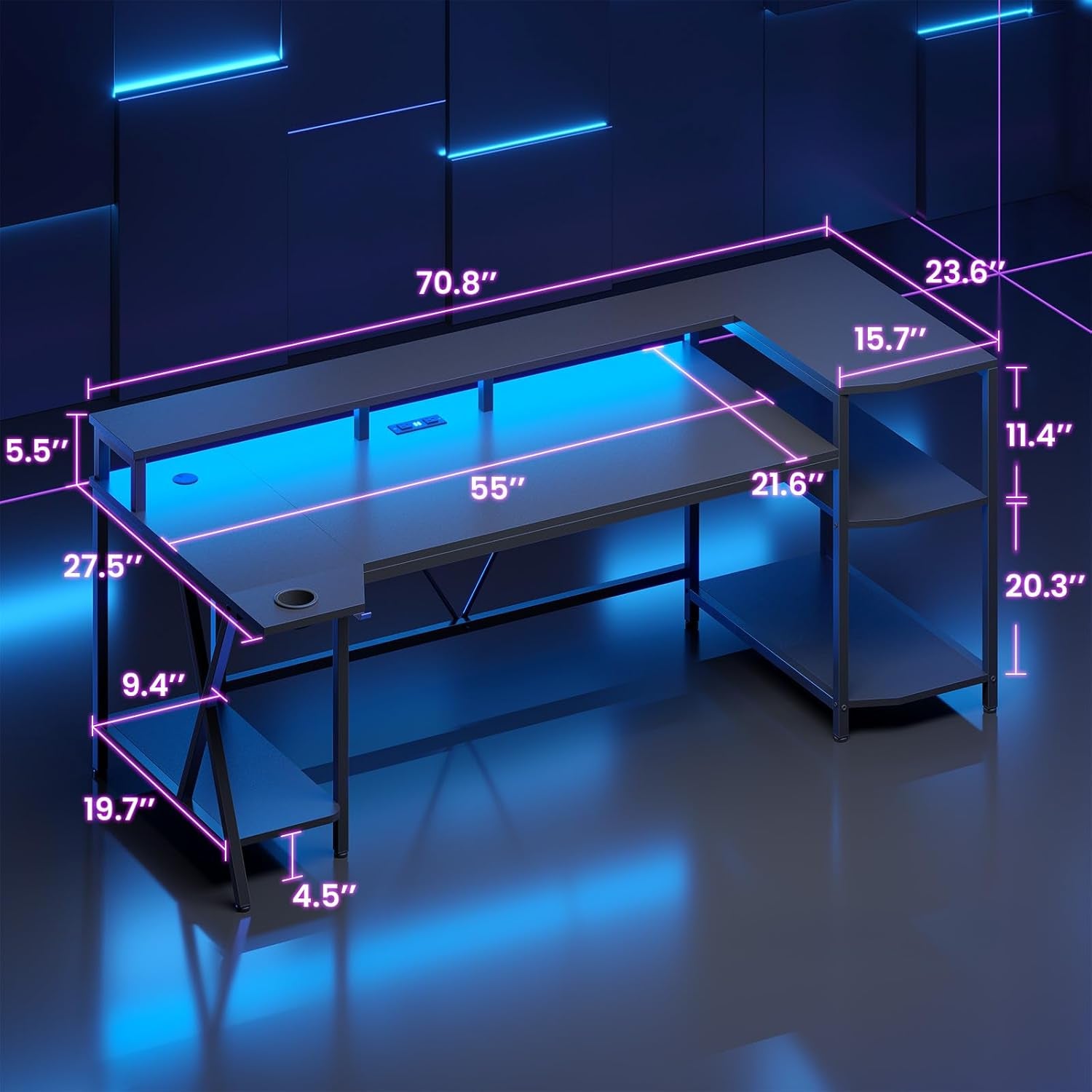 Gaming Desk 70.8'' with LED Lights and Storage Shelves, Computer Desk with Monitor Stand, Power Outlets and Cup Holder, Large PC Gamer Desk, Gaming Table for Bedroom, Living Room, Black