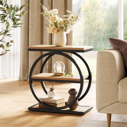 3-Tier End Table, Side Table with Storage Shelves, Small Sofa Side Table for Living Room, Wooden Side End Table with Double round Metal Legs, Slim Nightstand and Bedside Table, Oak