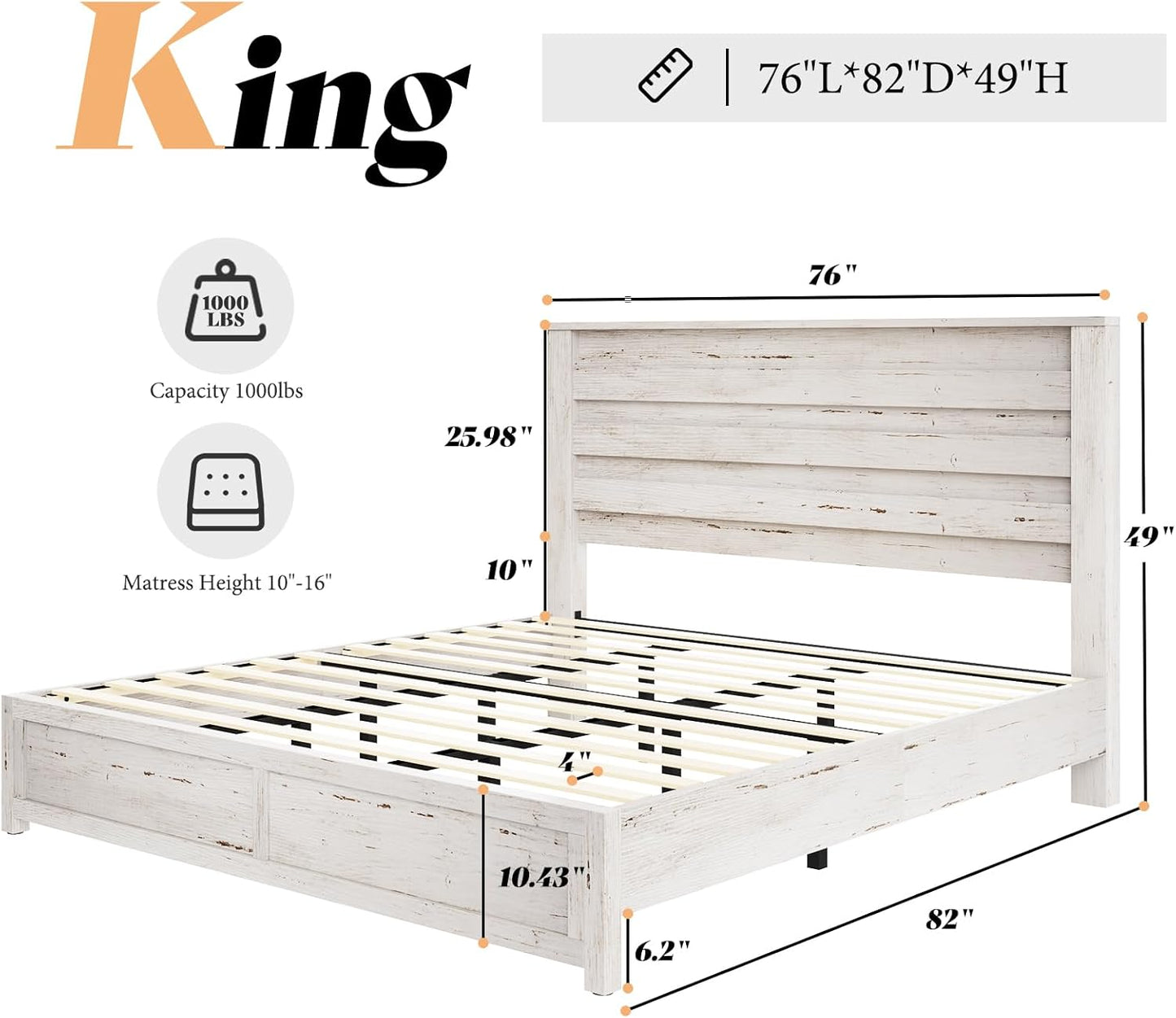 Farmhouse King Size Bed Frame with 49" Fluted Headboard, Wood Platform Bed with Natural Wood Grain, No Box Spring Needed/Noise Free, Distressed White