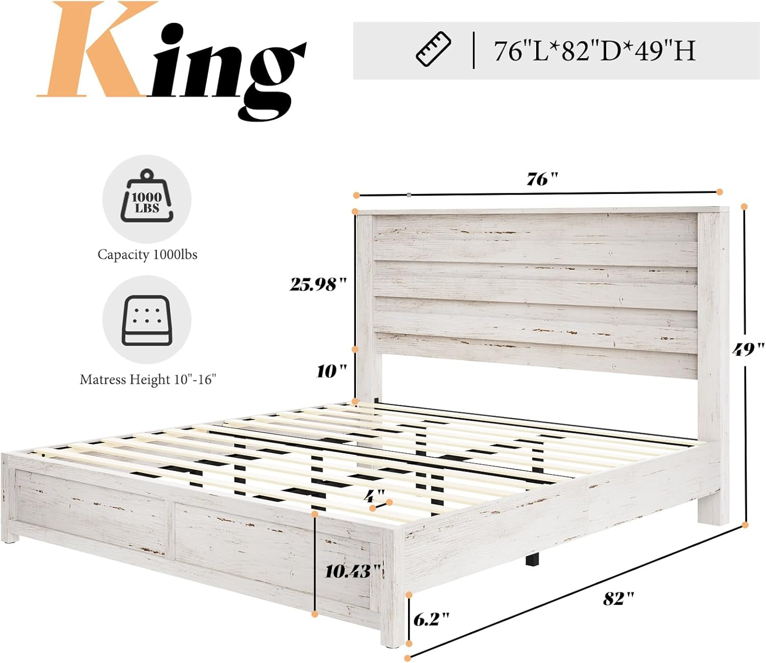 Farmhouse King Size Bed Frame with 49" Fluted Headboard, Wood Platform Bed with Natural Wood Grain, No Box Spring Needed/Noise Free, Distressed White