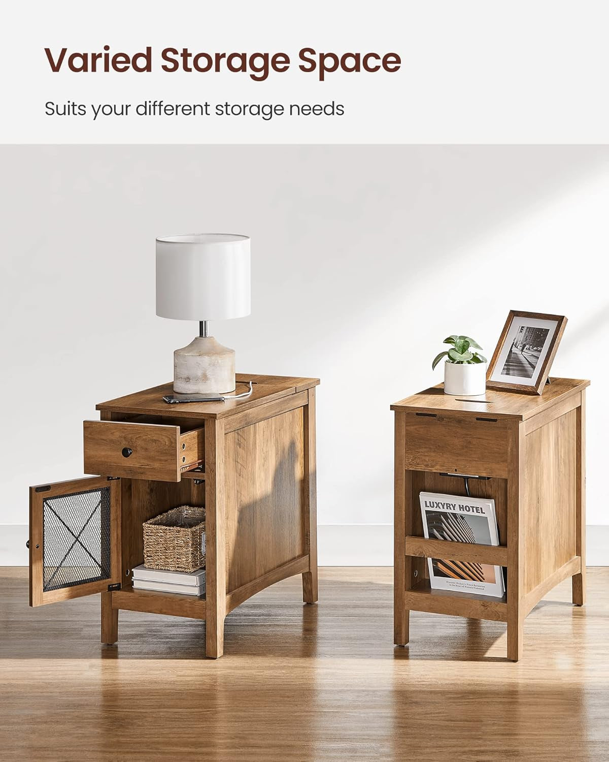 Side Table with Storage, End Table with USB Ports and Outlets, Nightstand with Charging Station, Drawer, Storage Cabinet, Magazine Rack, for Living Room, Bedroom, Rustic Walnut ULET312T41