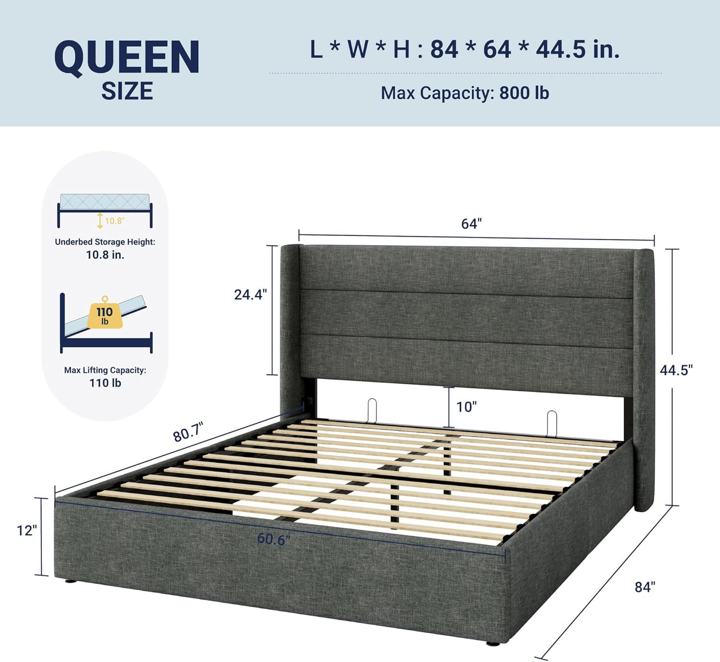 Queen Size Lift up Storage Bed, Modern Wingback Headboard, Hydraulic Support, No Box Spring Needed, Dark Grey