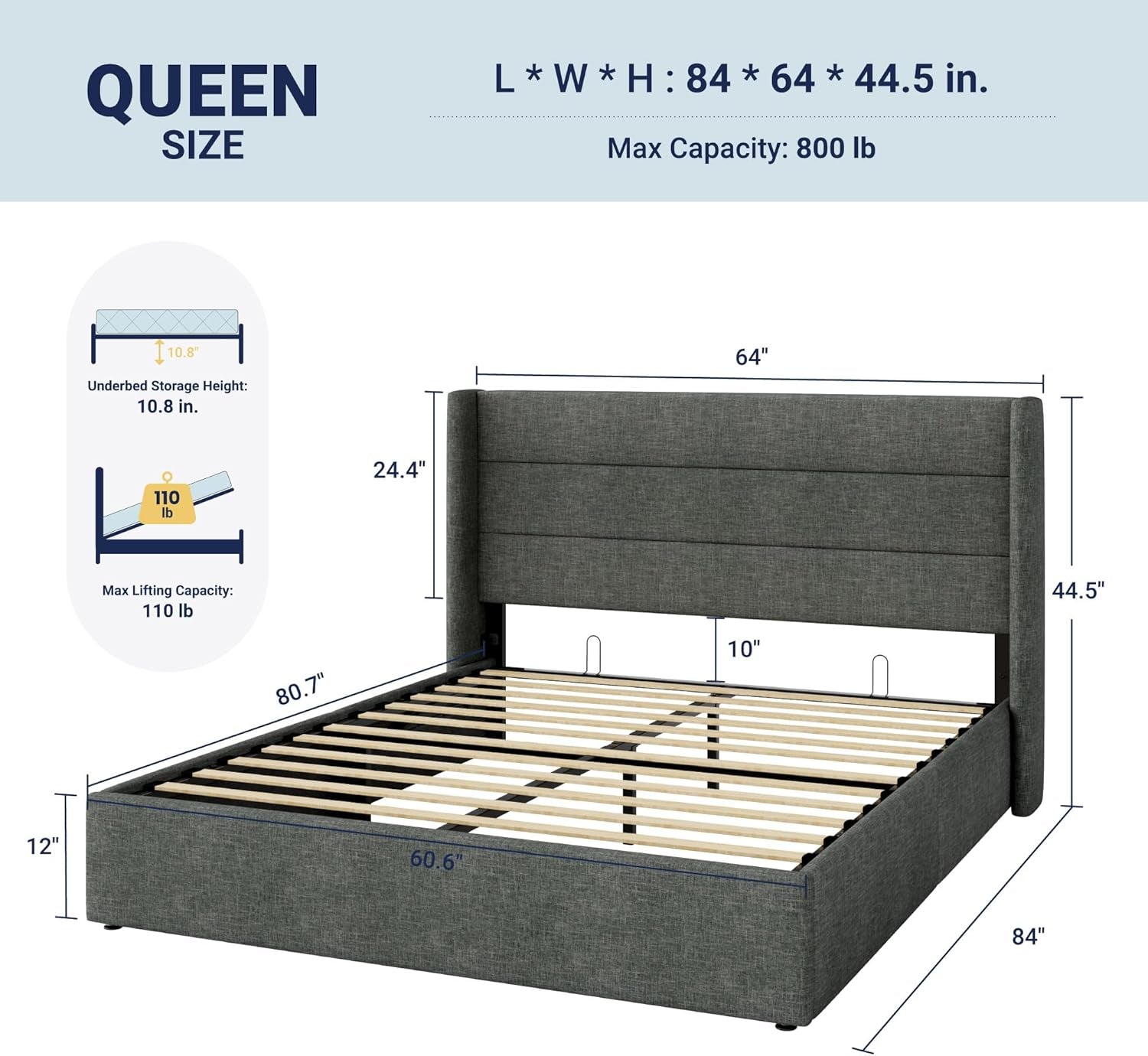 Queen Size Lift up Storage Bed, Modern Wingback Headboard, Hydraulic Support, No Box Spring Needed, Dark Grey