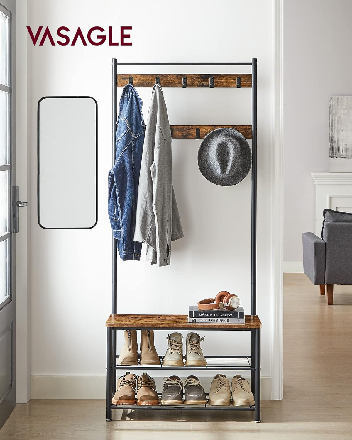 Coat Rack, Hall Tree with Shoe Storage Bench, Entryway Bench with Shoe Storage, 3-In-1, Steel Frame, for Entryway, 12.6 X 27.6 X 68.9 Inches, Industrial, Rustic Brown and Black UHSR41BX