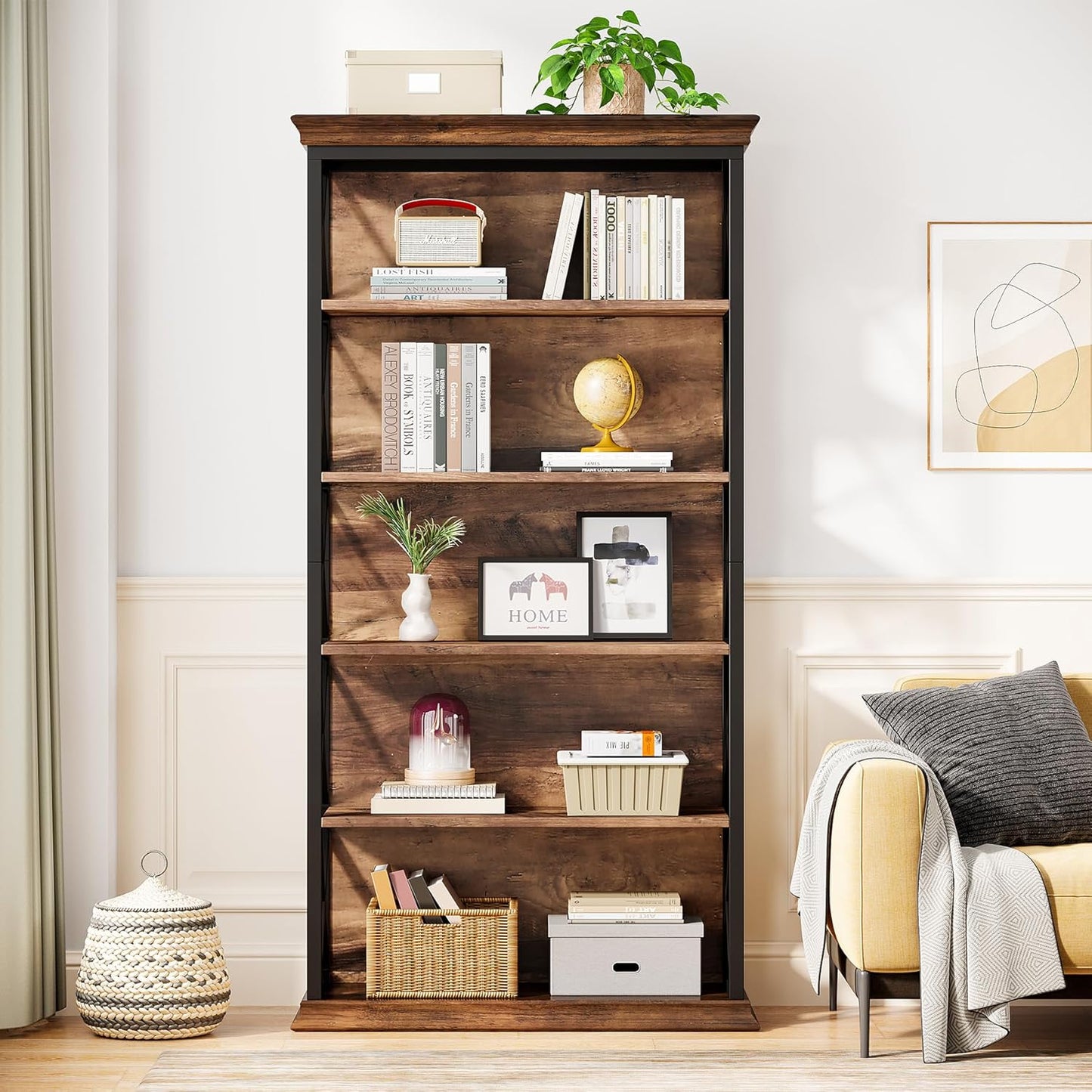 6-Tier Bookcase, 71 Inches Industrial Bookshelves and Bookcases, Floor Standing 5 Shelf Display Storage Shelves Tall Bookcase for Home Office, Living Room, Bed Room, Brown and Black