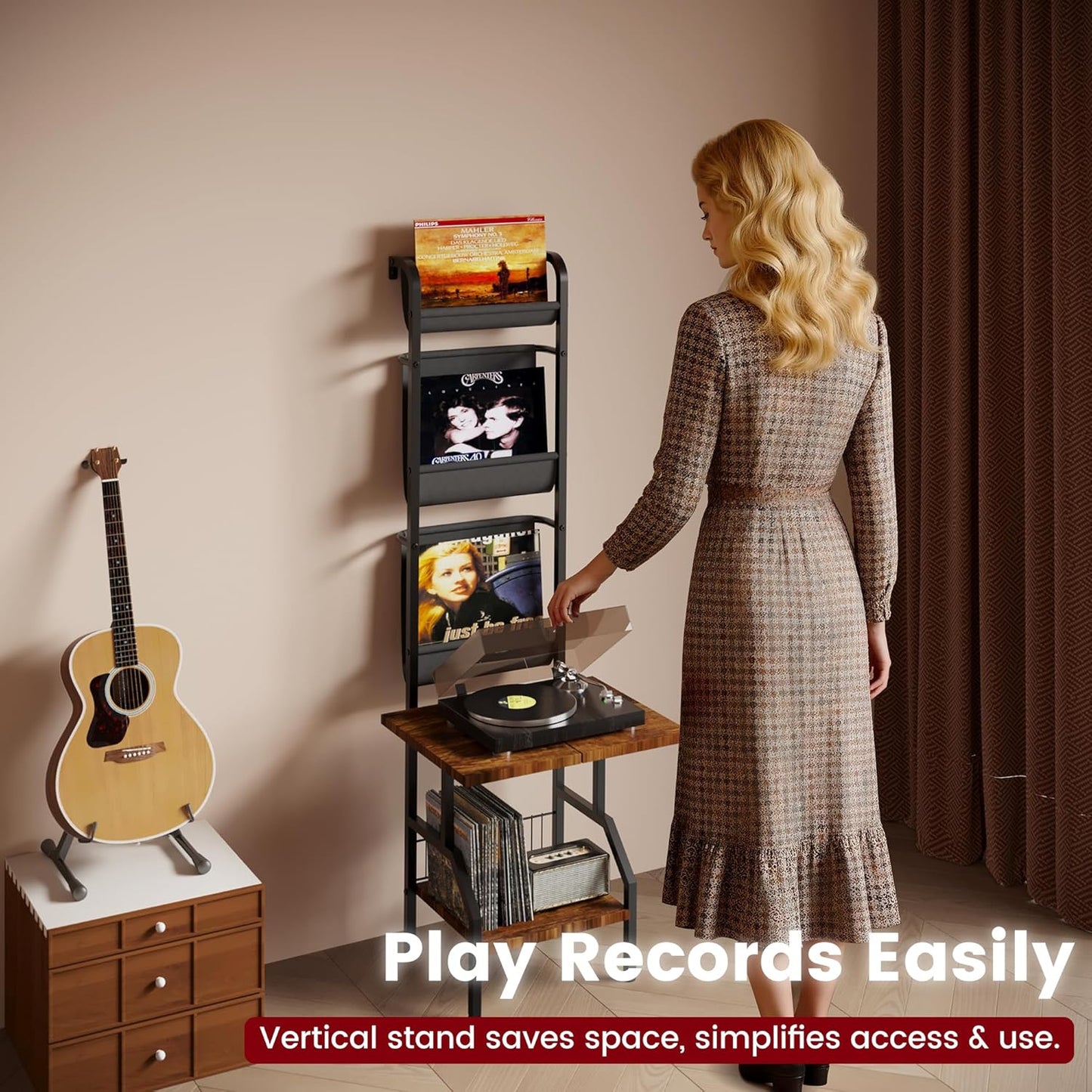 Record Player Stand with Vinyl Storage, Record Player Table Holds up to 200 Albums, 5-Tier Turntable Stand for Living Room, Rustic Brown
