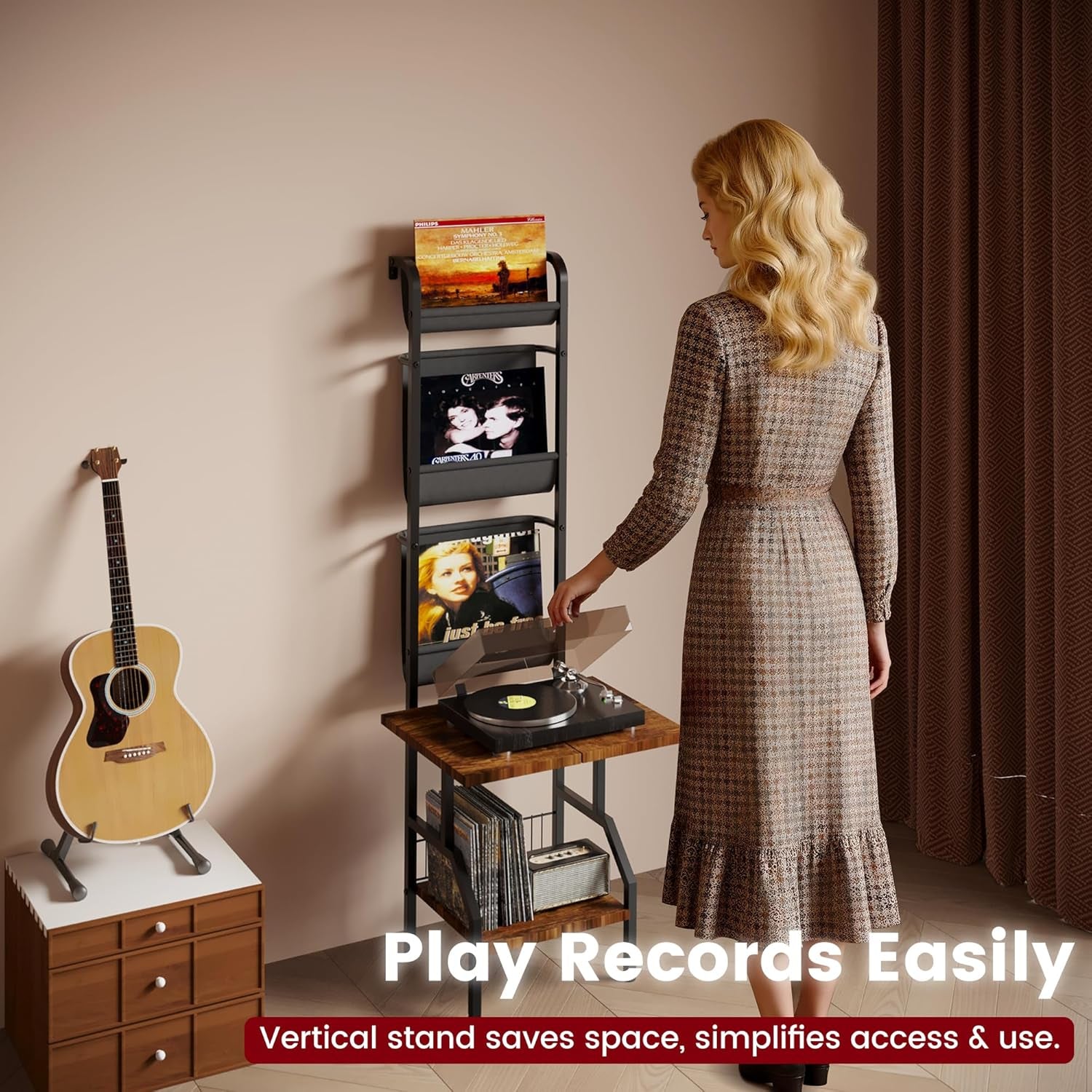 Record Player Stand with Vinyl Storage, Record Player Table Holds up to 200 Albums, 5-Tier Turntable Stand for Living Room, Rustic Brown