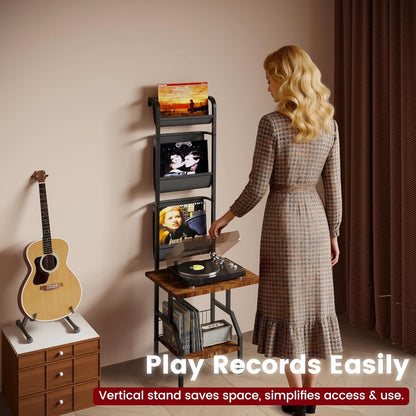 Record Player Stand with Vinyl Storage, Record Player Table Holds up to 200 Albums, 5-Tier Turntable Stand for Living Room, Rustic Brown