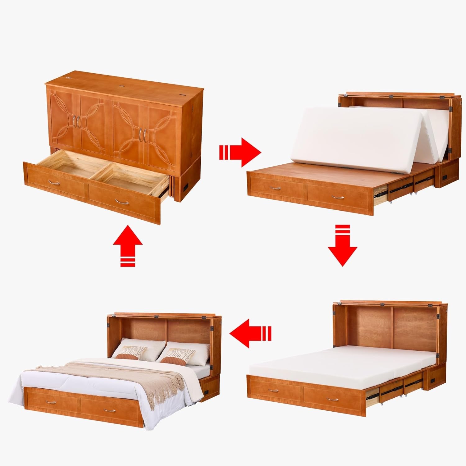 Queen Murphy Bed with Mattress Included, Murphy Bed Cabinet with Drawers and Charging Station for Small Spaces, Home Offices (Circular Pattern, Cherry)