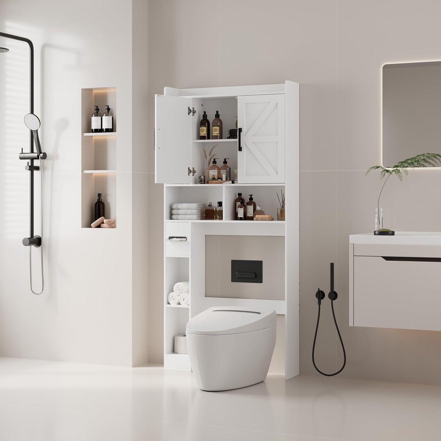 Over the Toilet Storage Cabinet, Tall Bathroom Cabinet Organizer with Adjustable Shelves and Toilet Paper Holder, 32" W Farmhouse Storage Cabinet with 2 Barn Doors for Laundry, Restroom, White