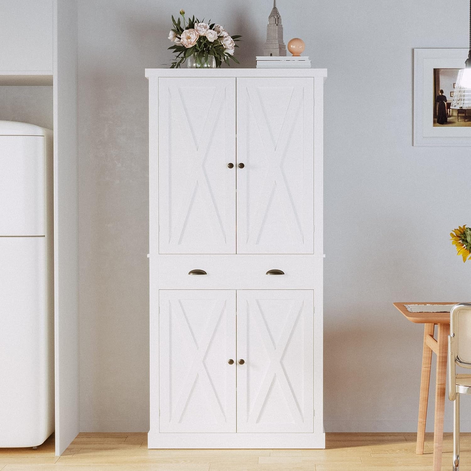 Kitchen Pantry Storage Cabinet 72.6" H, with Barn Doors, Drawer, 4 Adjustable Shelves, Freestanding Cupboard, Laundry, White