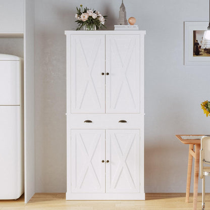 Kitchen Pantry Storage Cabinet 72.6" H, with Barn Doors, Drawer, 4 Adjustable Shelves, Freestanding Cupboard, Laundry, White