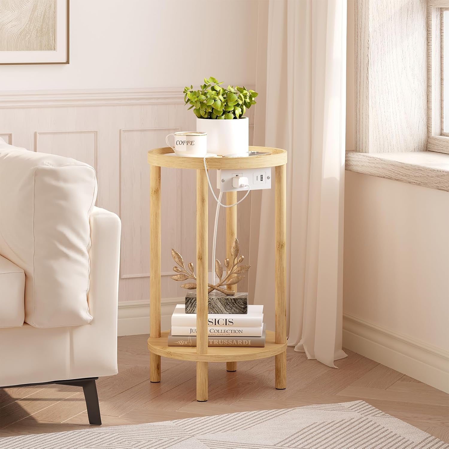 Small round Side Table with Charging Station, 2-Tier round Bamboo End Table, Compact Sofa Bedside Table for Small Space, Easy Assembly, for Living Room, Bedroom, Apartment, Natural YL156UBZ01