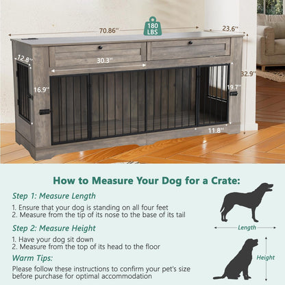 Dog Crate Furniture, Heavy Duty Dog Kennel Furniture for Medium Dogs, Wooden Double Dog Kennel Furniture with 2 Storage Drawers, Tv Stand Dog Cage with Power Outlet (Grey, 71”)