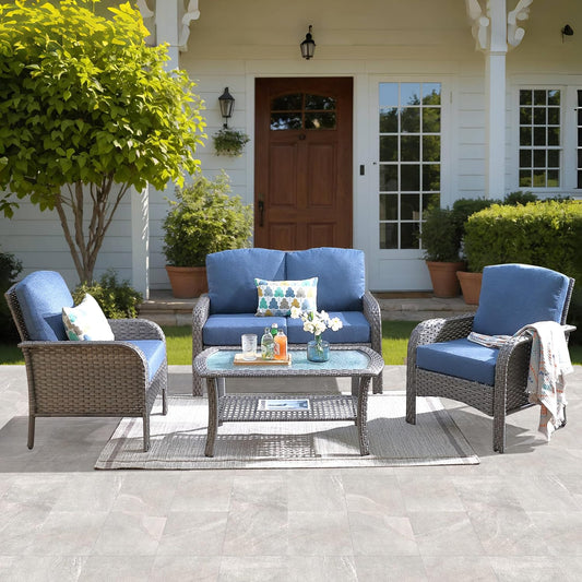 4-Piece Patio Furniture Set, Outdoor Wicker Sofa with Chairs Coffee Table, High Back Rattan Couch Loveseat with Comfy Cushions for Porch Yard Deck, Denim Blue