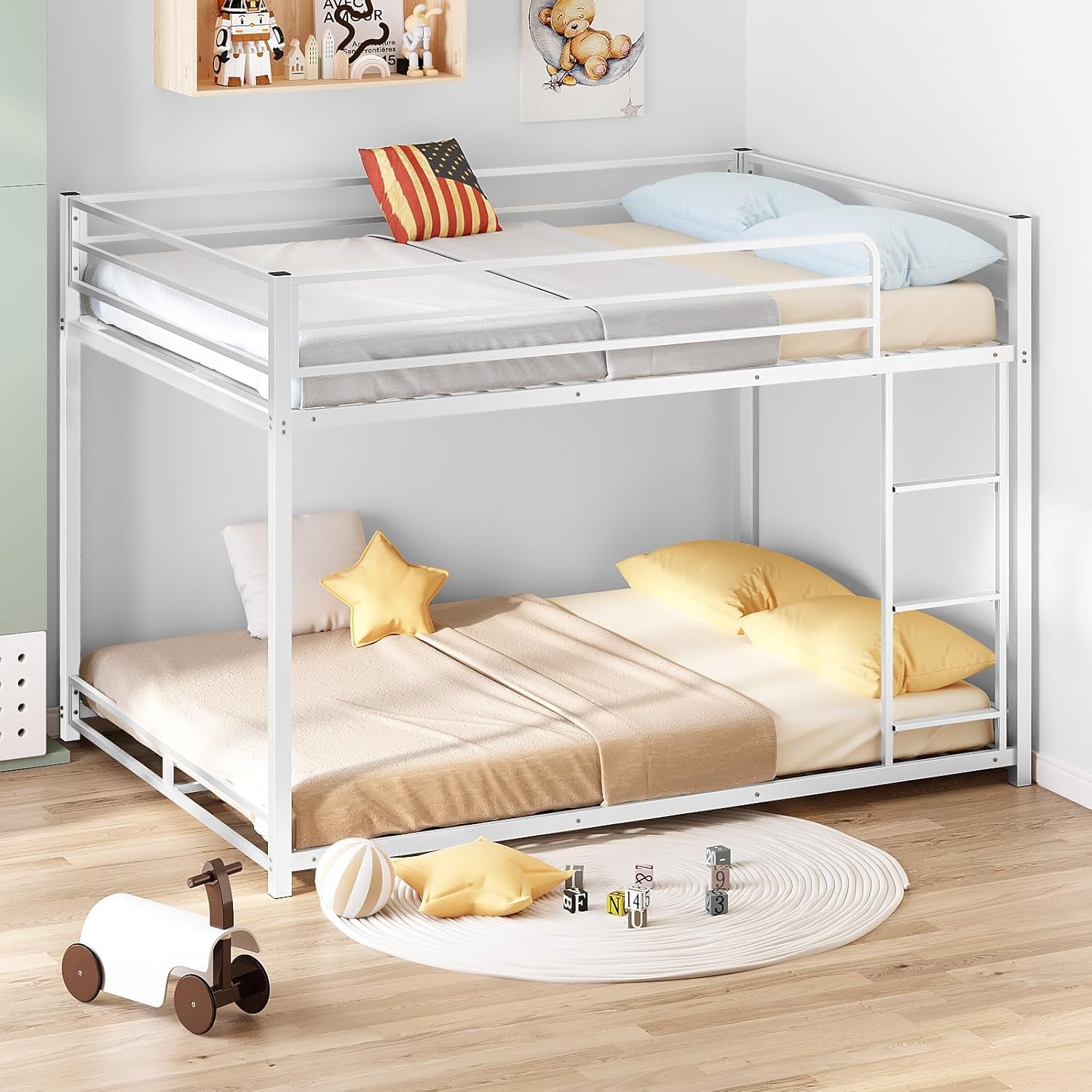 Metal Bunk Bed Full over Full, Twin Size Bed Frame for Boys Girls, Junior, Low Profile Bunk, Space Saving Design, Mattress Not Included (White)