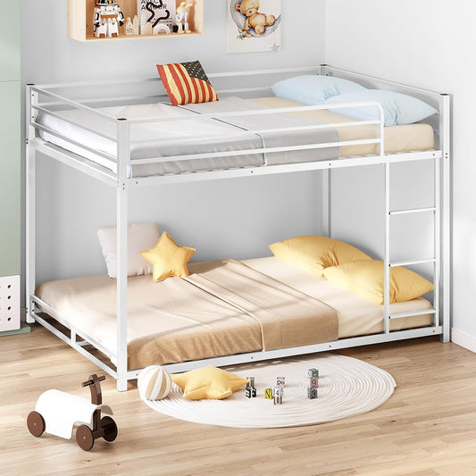 Metal Bunk Bed Full over Full, Twin Size Bed Frame for Boys Girls, Junior, Low Profile Bunk, Space Saving Design, Mattress Not Included (White)