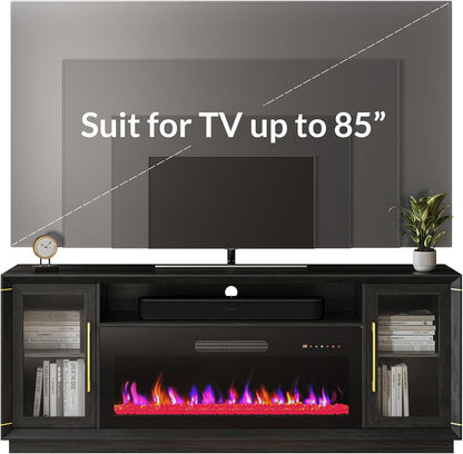 74" Extra Large TV Stand for Tvs up to 85", Media Console Table with 42" Electric Fireplace Heater, Entertainment Center with Storage Cabinets for Living Room, Bedroom - Sienna (Black Ebony)
