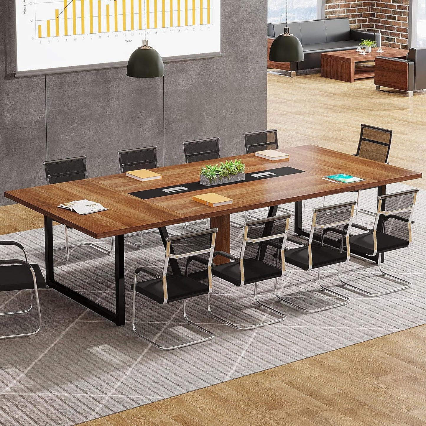 8FT Conference Table, 94.49 L X 47.24 W X 29.53 H Inches Large Meeting Podcast Table for 10 People, Business Style Wooden Training Table with Strong Metal Frame for Office Conference