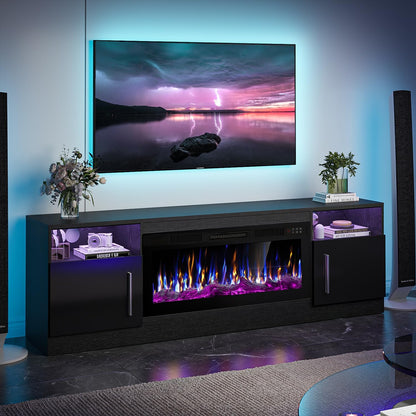 Fireplace with TV Stand 36" Inch Electric Fireplace up to 80" Tvs, LED Light Entertainment Center, 70" Modern Wood High Gloss with Highlight Storage Cabinet for Living Room (Black)