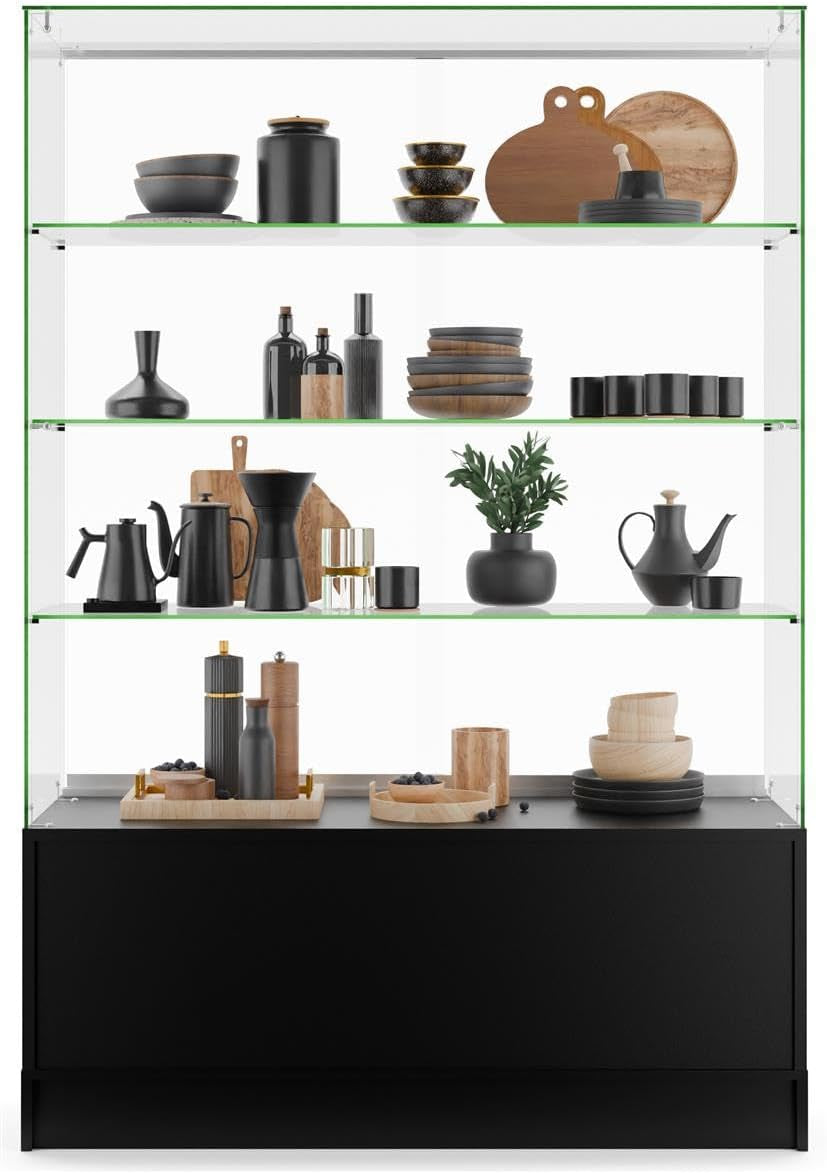 48 Inch Glass Display Cabinet with 3 Glass Shelves, Separate Storage Area in Base, Sliding Doors (Black)