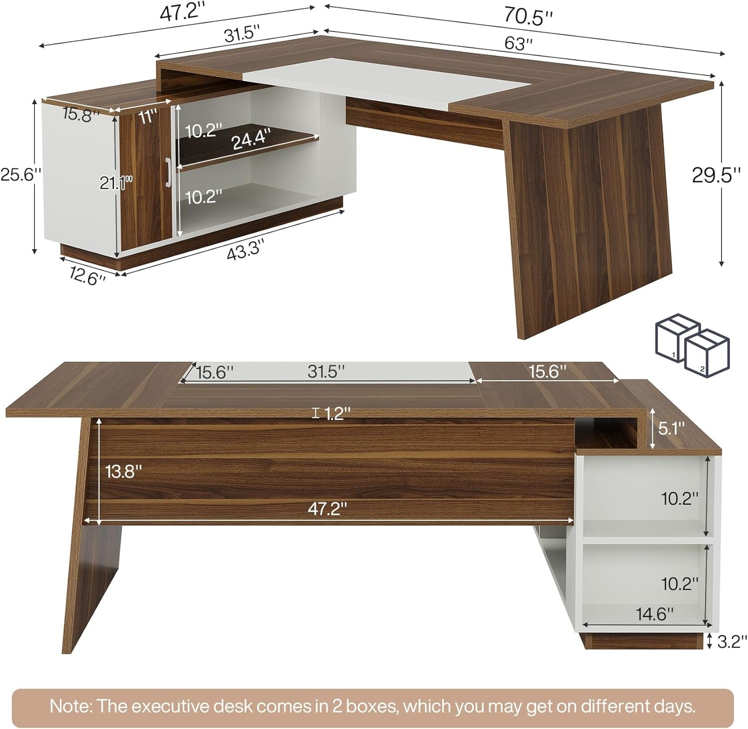L-Shaped Executive Office Desk, 70.5-Inch Mid-Century Modern Executive Desk with Storage Cabinet and Shelves, Large Computer Desk for Home Office, Brown + White