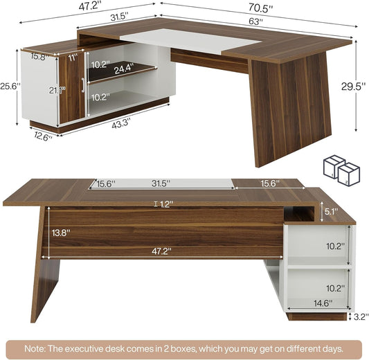 L-Shaped Executive Office Desk, 70.5-Inch Mid-Century Modern Executive Desk with Storage Cabinet and Shelves, Large Computer Desk for Home Office, Brown + White