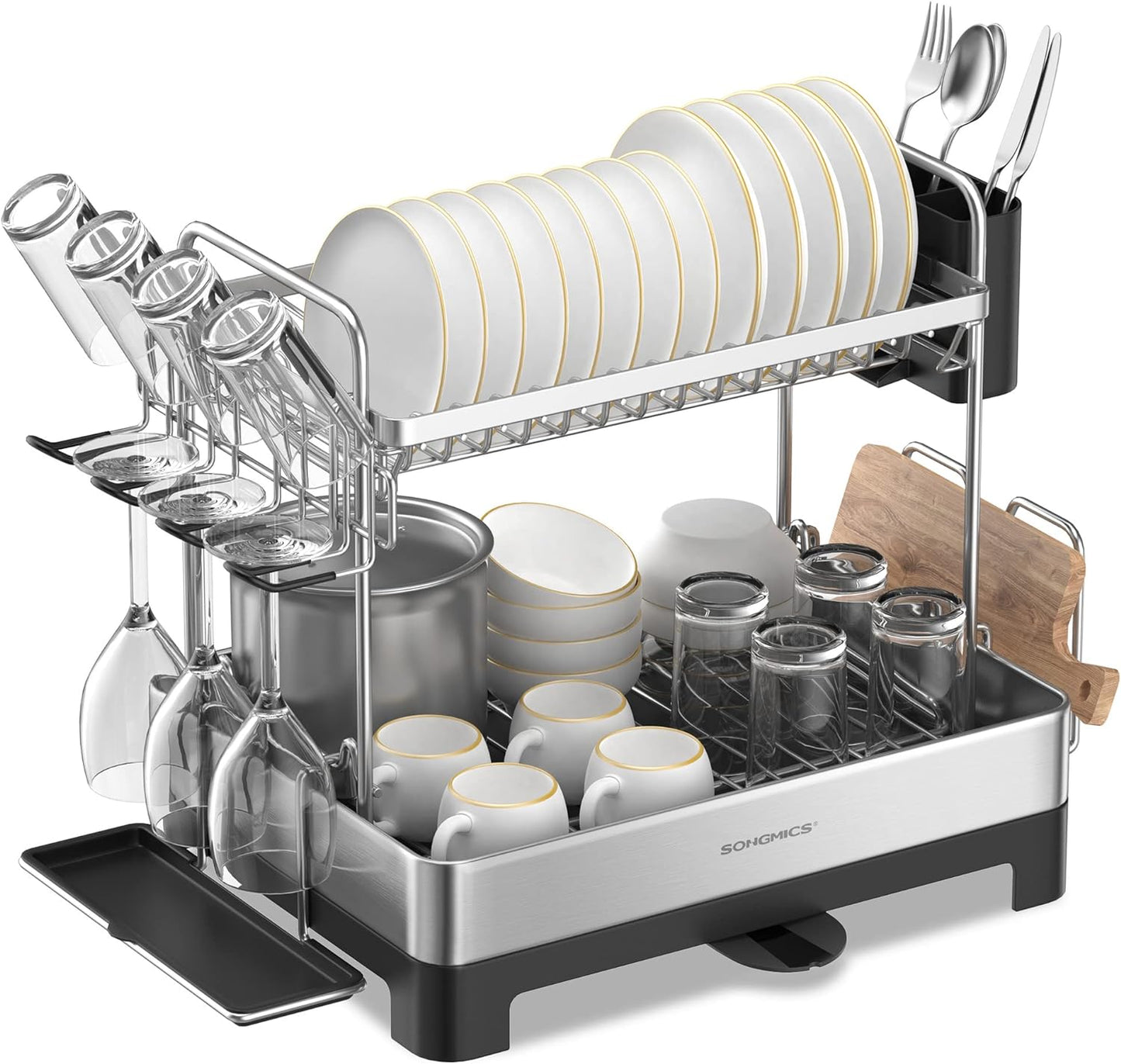 Dish Drying Rack - 2 Tier Dish Rack for Kitchen Counter with Rotatable and Extendable Drain Spout, Dish Drainer with Utensil, Cup, Glass, Cutting Board Holders, Silver and Gray UKCS032E01