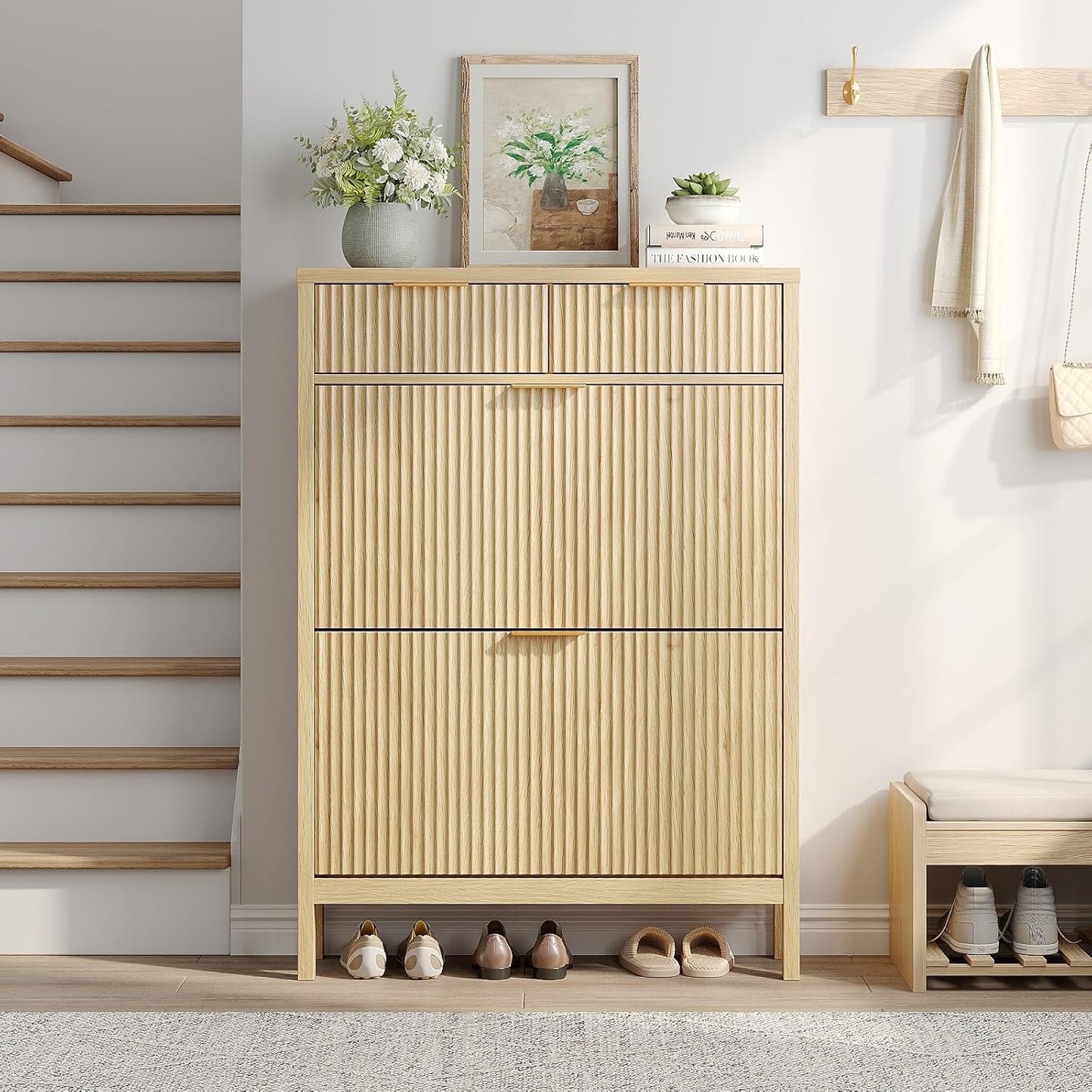 Fluted Shoe Storage Cabinet with 2 Flip Drawers & 2 Storage Drawers, Narrow Hidden Shoe Rack Organizer with Adjustable Shelf, Freestanding Slim Shoe Cabinet Storage for Entryway, Hallway, Foyer, Oak