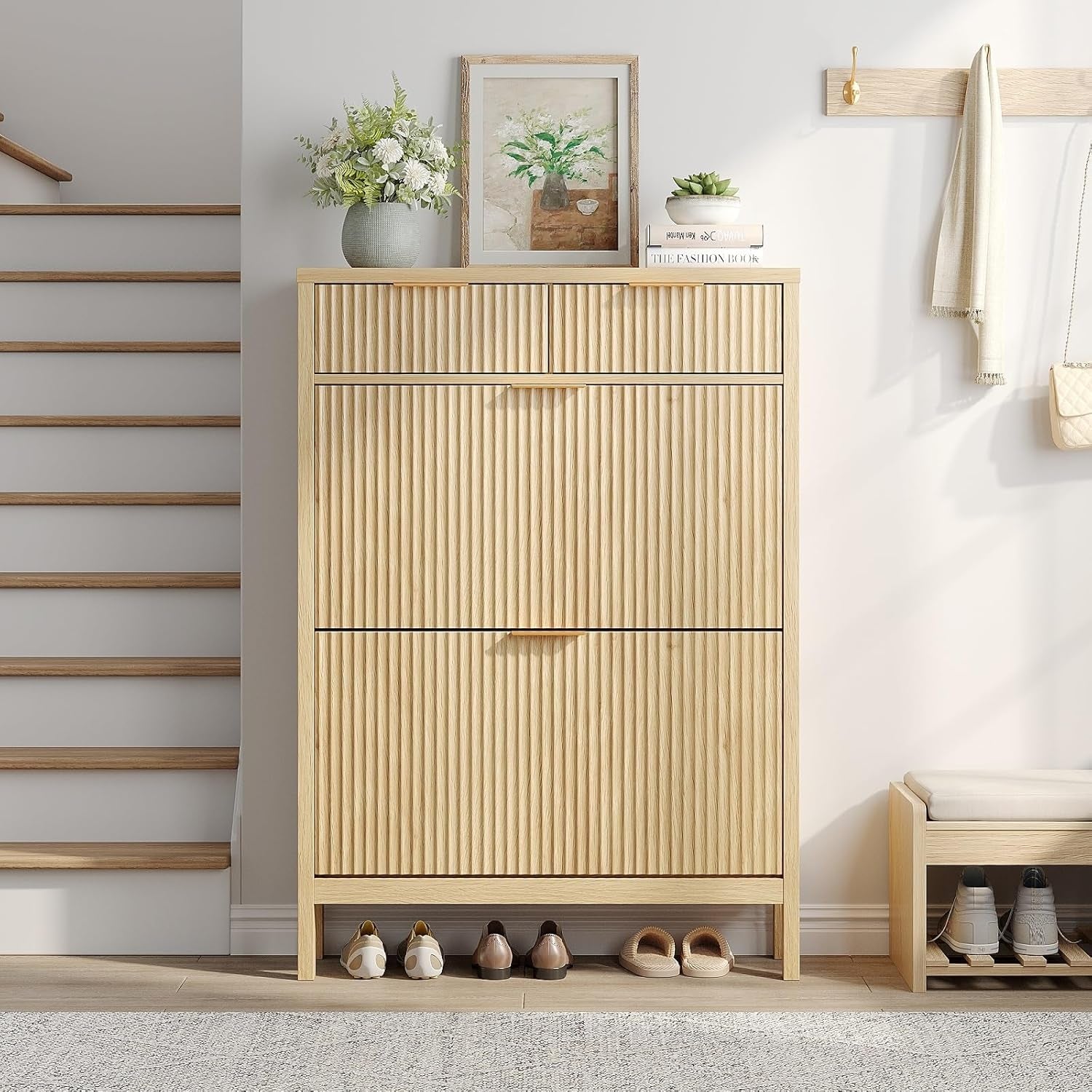Fluted Shoe Storage Cabinet with 2 Flip Drawers & 2 Storage Drawers, Narrow Hidden Shoe Rack Organizer with Adjustable Shelf, Freestanding Slim Shoe Cabinet Storage for Entryway, Hallway, Foyer, Oak
