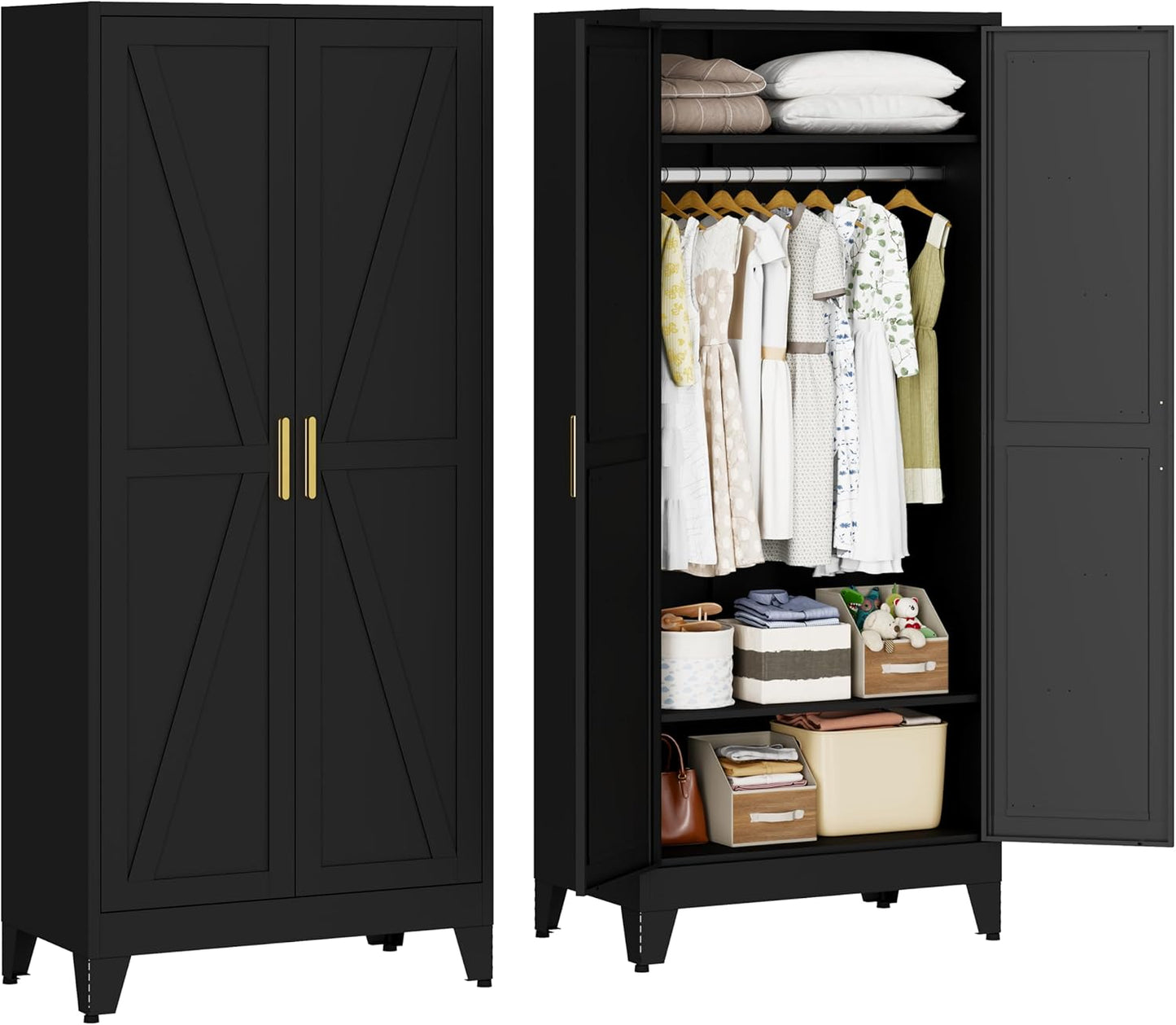 Metal Armoire Wardrobe Closet with Doors and Shelves, 71" Tall Metal Wardrobe Closet with Hanger Rod and Clothing Shelf, Black Farmhouse Bedroom Armoire Steel Storage Cabinet for Bedroom
