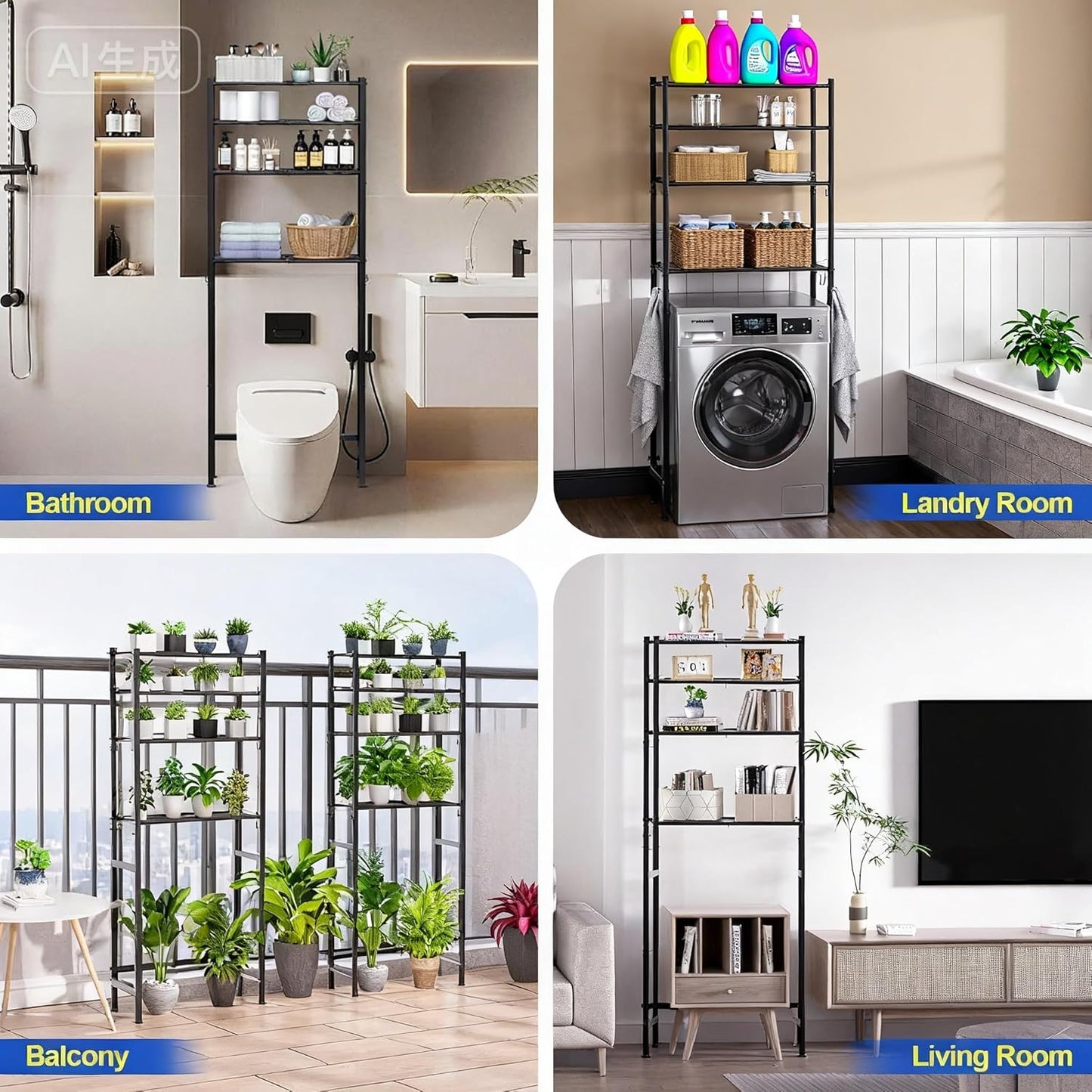 Over Toilet Bathroom Organizer, 59.75" H 3-Shelf Steel Storage Unit Wall Mount, Black — Better Stability Bathroom Shelves for Towels, Paper & Utility Room, 30 Lbs Capacity