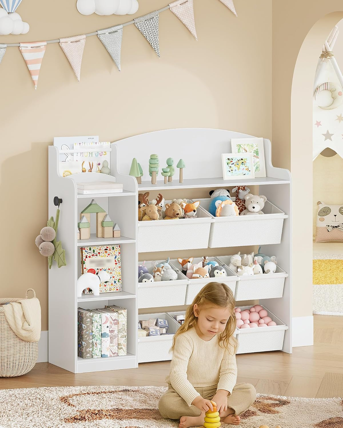 Toy Storage Organizer, Toy Shelf with 8 Storage Bins, Playroom Storage, Kids Bookshelf, 4-Tier Toddler Bookshelf for Children'S Room, Bedroom, Living Room, Study Room, Nursery White KB42003W