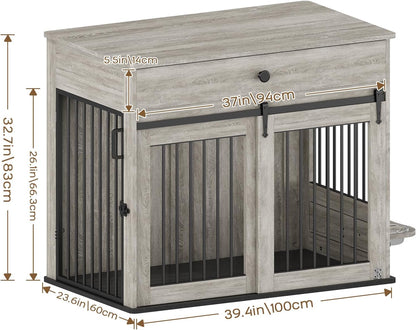 Large Dog Crate Furniture with Sliding Door & 360° Spinning Bowls | Durable Modern End Table for Medium & Large Dogs for Pet Owners (40-Inch)