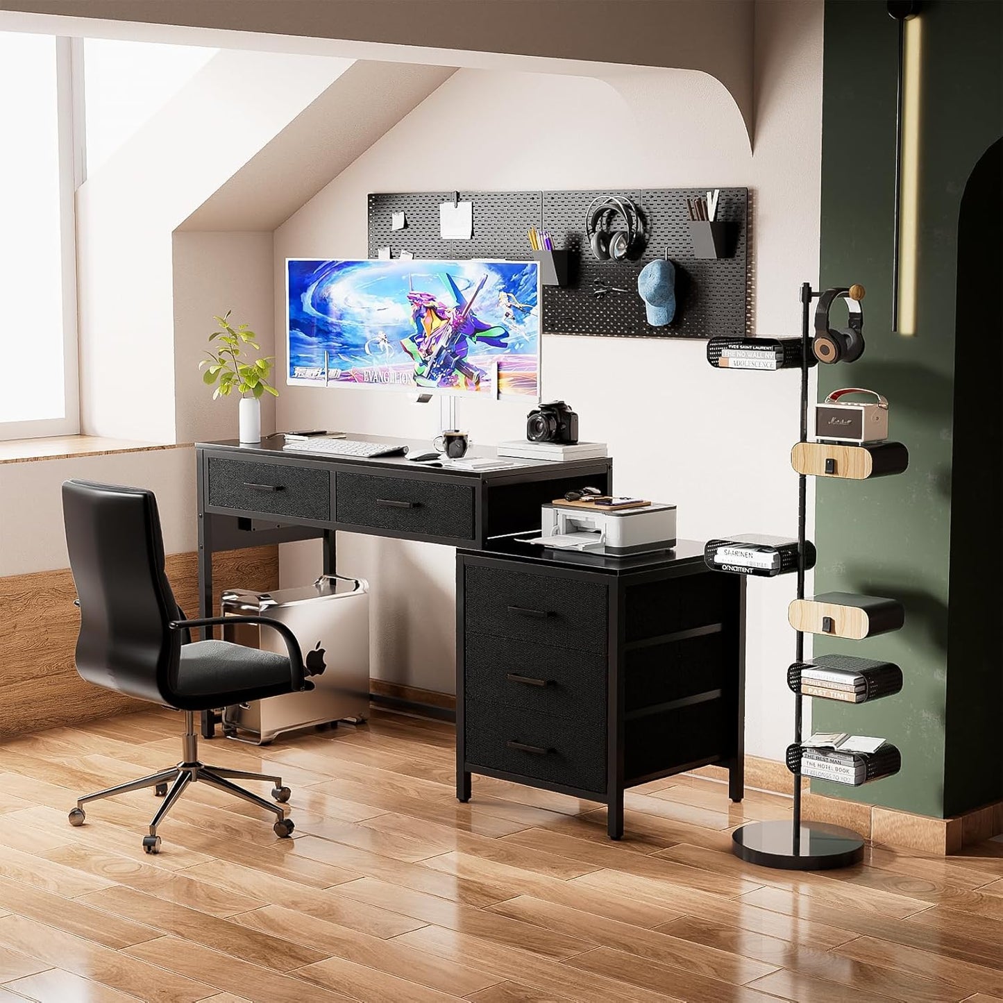 Reversible Computer Desk with 5 Drawers, Sturdy Office Desk with Power Outlets and USB Ports, Corner Writing Table with File Cabinet & Printer Stand, Vanity Desk with Storage, Black