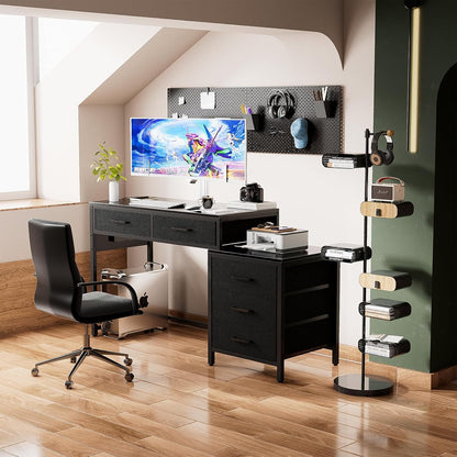 Reversible Computer Desk with 5 Drawers, Sturdy Office Desk with Power Outlets and USB Ports, Corner Writing Table with File Cabinet & Printer Stand, Vanity Desk with Storage, Black