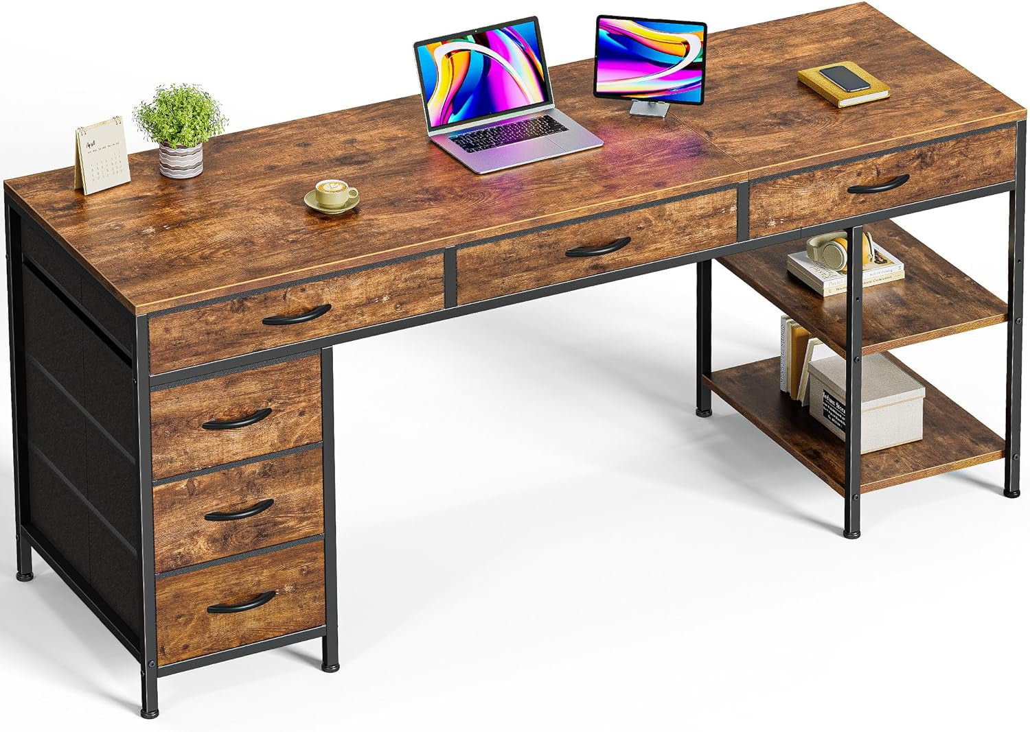 Computer Desk with 6 Drawers, 63 Inch Office Desk with Shelves, Reversible Gaming Desk, Corner Desk with Storage, for Home Office, Study, Living Room, Rustic Brown