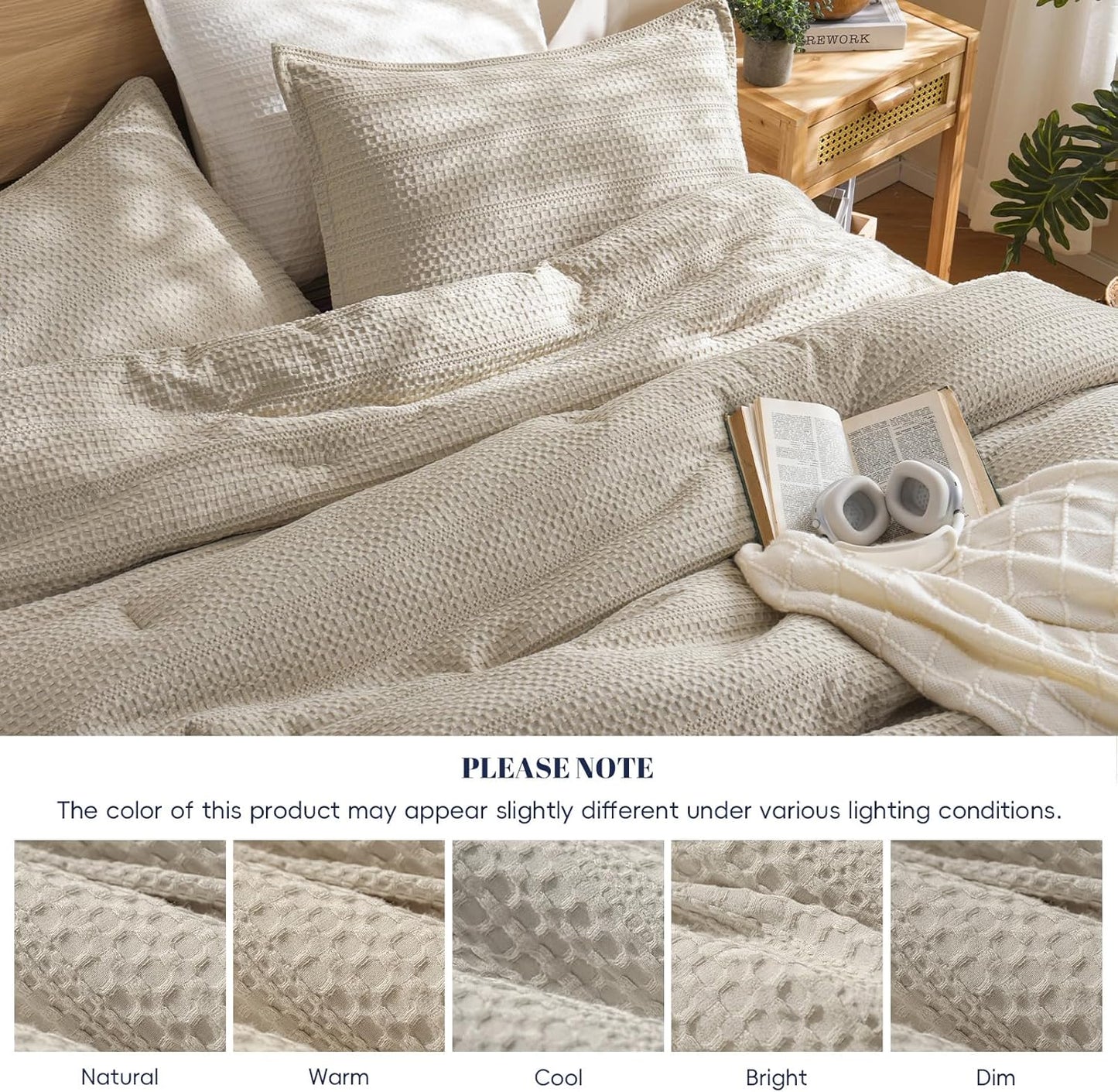 Soft Waffle Comforter Set King Size- Comfy Breathable Waffle Weave Comforter with 2 Pillow Shams, 3 Pieces Less Snagging Lightweight Textured Bedding Set for All Season, Natural/Linen